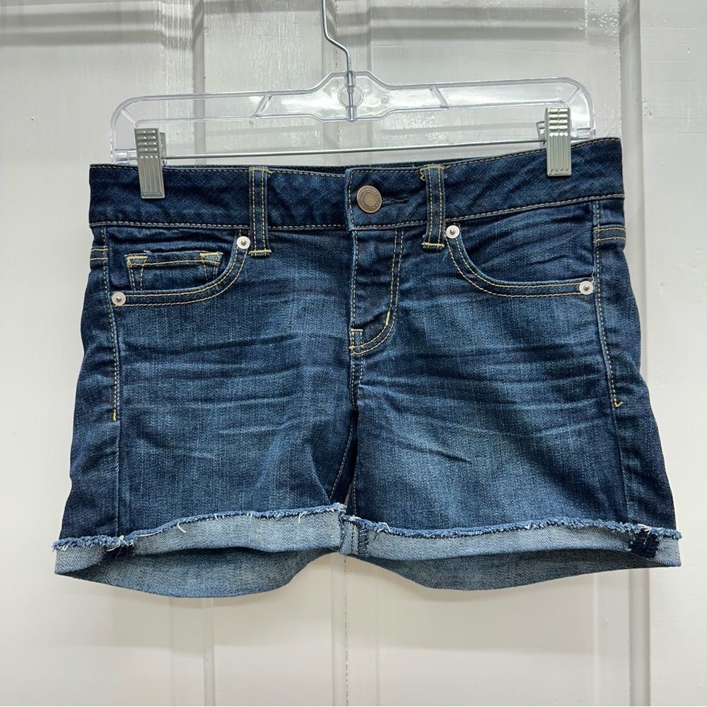 American Eagle stretch dark wash raw frayed hem denim jean‎ shorts women's 4 - Picture 2 of 5